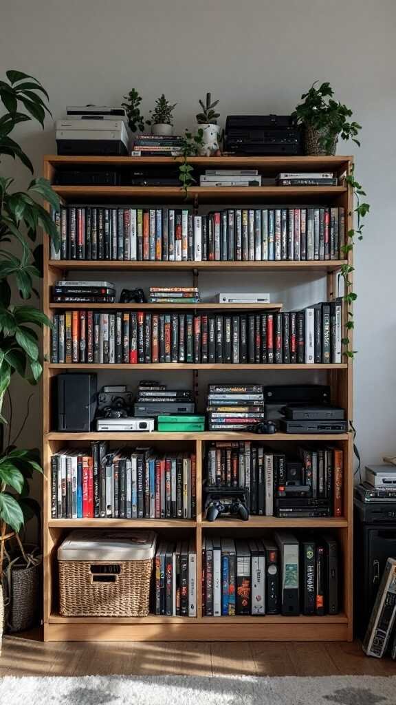 A well-organized gaming shelf displaying various games and consoles, with plants adding a touch of greenery.