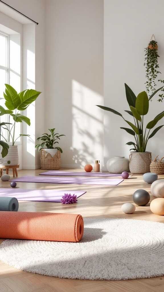 A bright and serene home office wellness area with yoga mats and plants