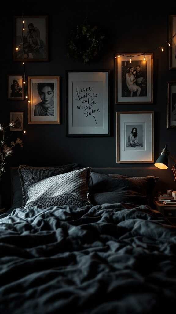 A moody dark bedroom with framed photos, string lights, and cozy bedding.