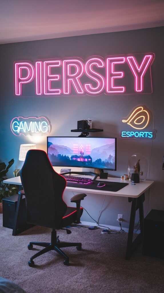 A gaming bedroom featuring a neon sign with the text 'Piersey', and a computer monitor