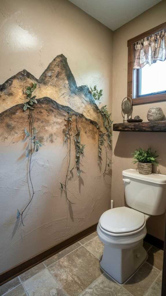 A small bathroom with a custom art piece of a mountain range on the wall.