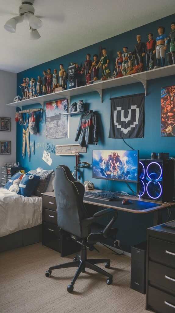 A vibrant gaming bedroom for boys with personalized wall art and merchandise, featuring action figures, posters, and gaming equipment.