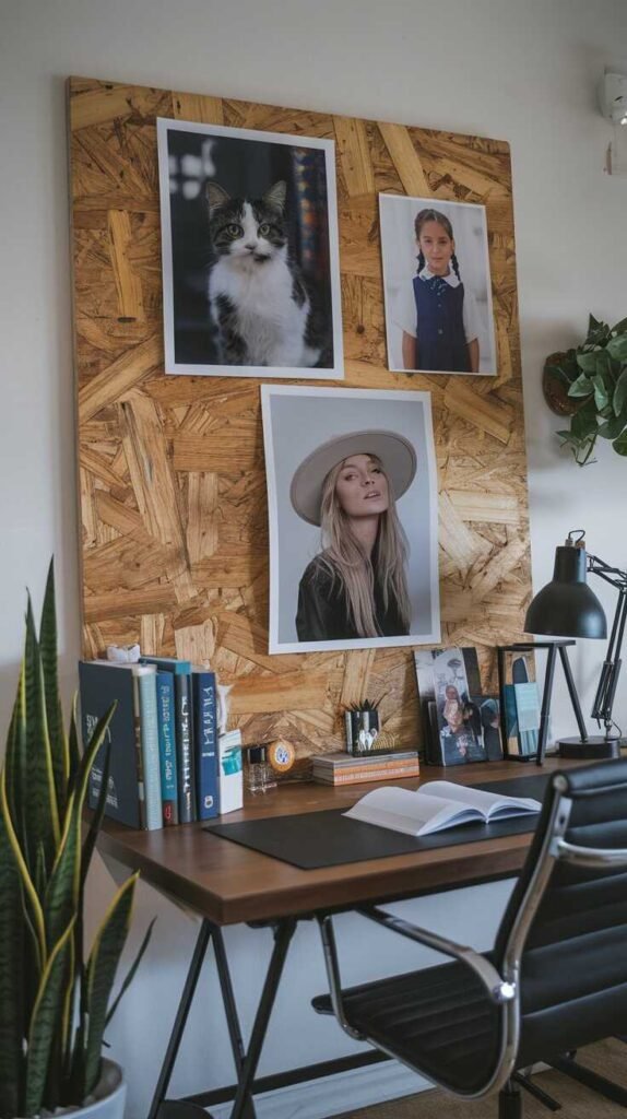 A stylish home office with personalized wall art, including photos and quotes.