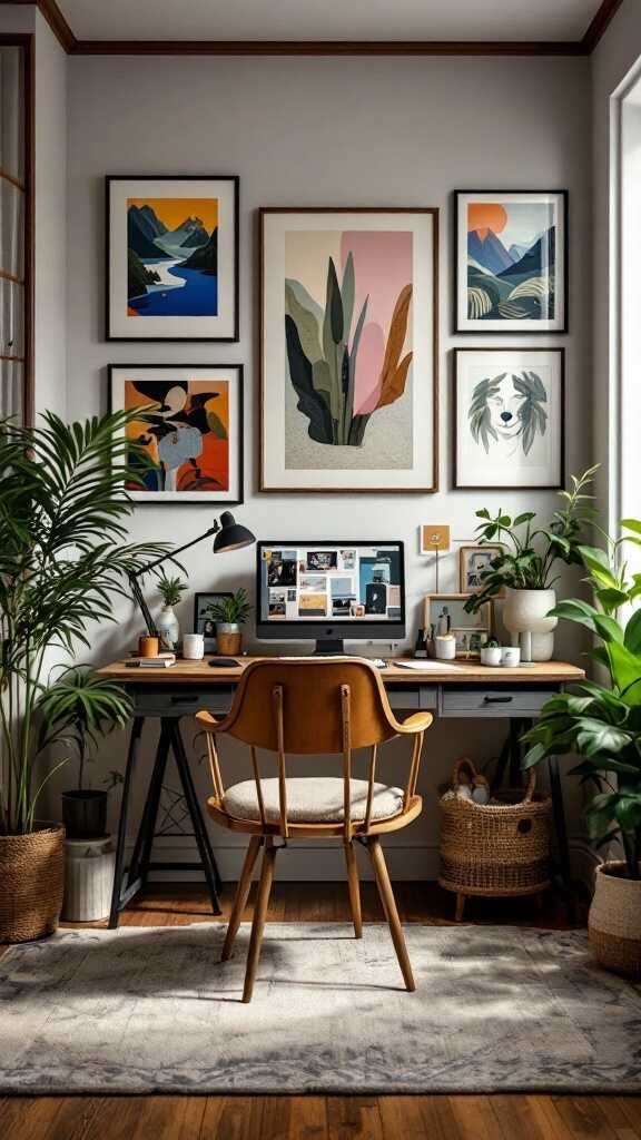 A cozy modern home office with a wooden desk, ergonomic chair, and vibrant wall art.