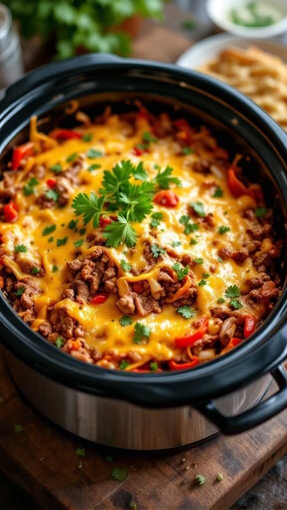A delicious serving of Philly Cheesesteak Casserole in a slow cooker