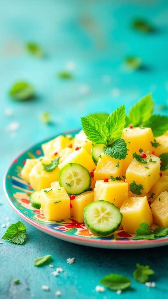 A vibrant plate of pineapple and cucumber salad garnished with mint