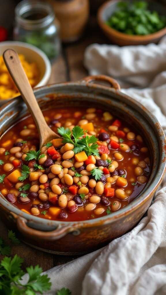 A hearty pinto bean stew in a ceramic pot, garnished with fresh herbs.