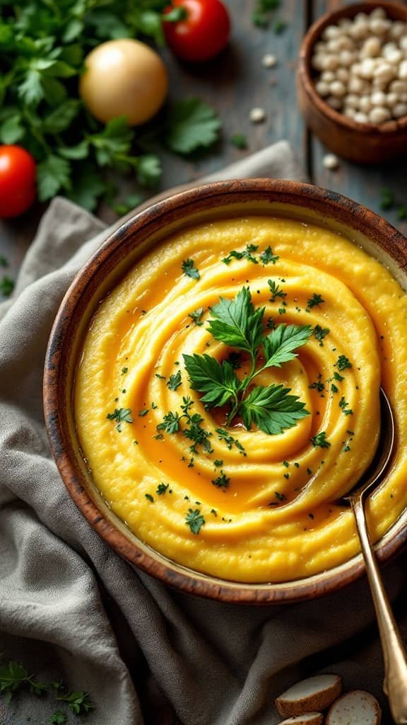 Bowl of creamy polenta soup garnished with herbs