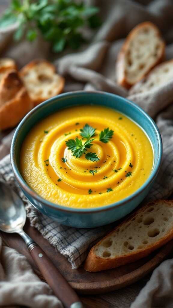 A bowl of creamy polenta soup garnished with herbs, accompanied by slices of bread.