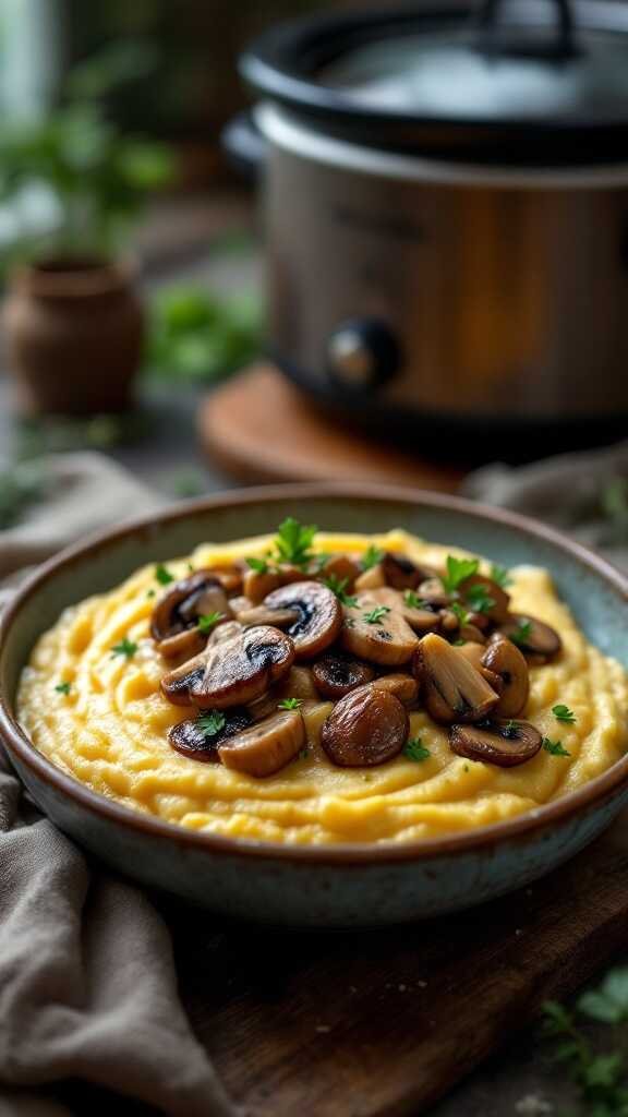 Creamy polenta topped with sautéed mushrooms and garnished with parsley