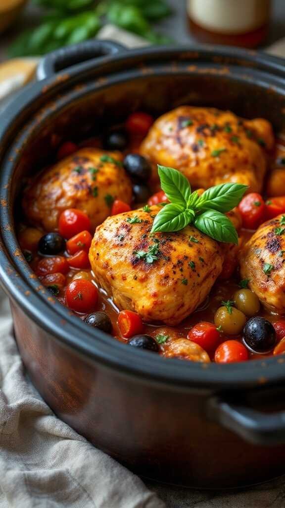 A delicious dish of Pollo in Potacchio showcasing chicken thighs with tomatoes and olives, garnished with fresh basil.
