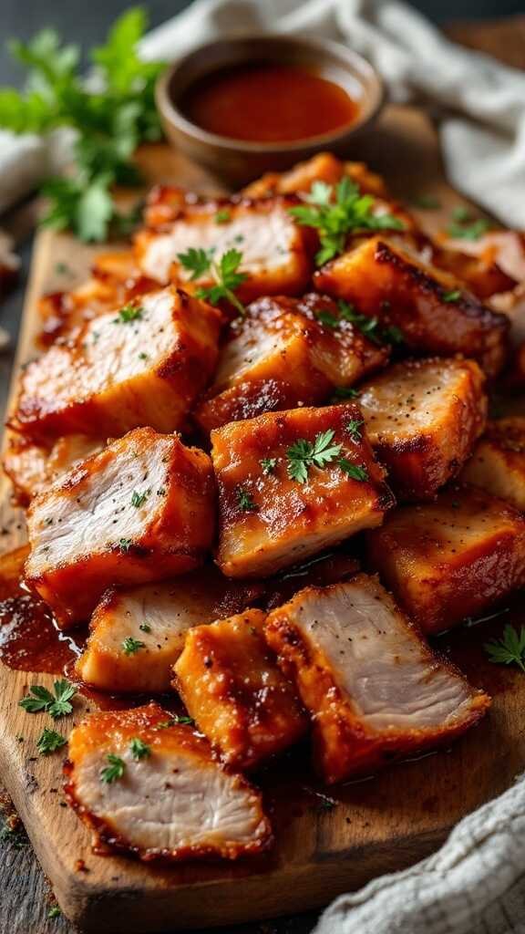 Deliciously cooked pork belly pieces on a wooden board garnished with parsley