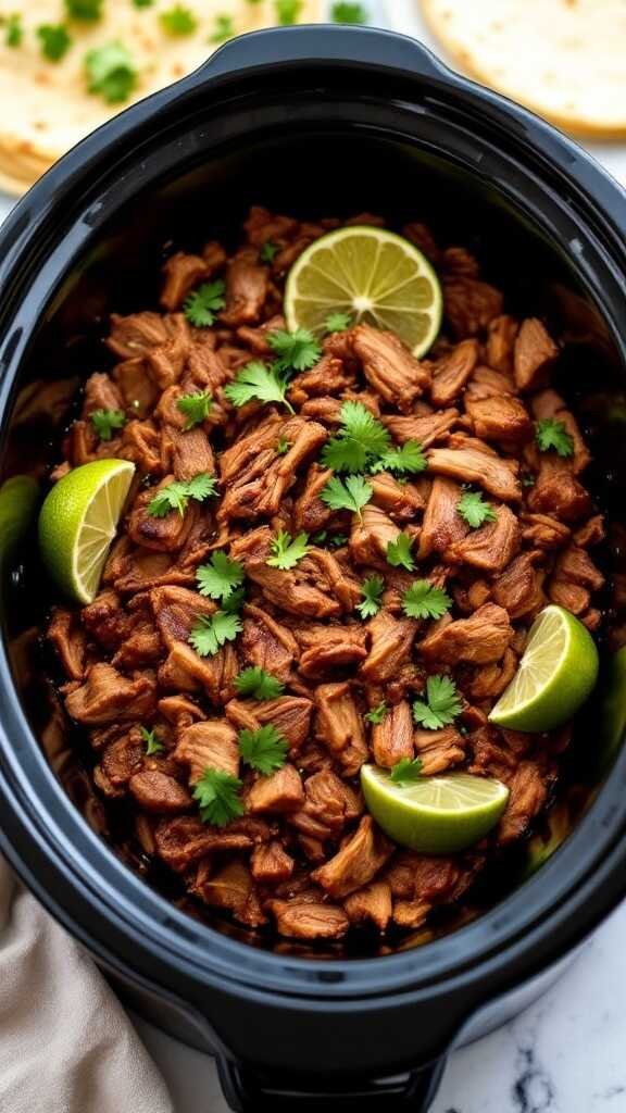 A bowl of shredded pork carnitas garnished with lime and cilantro.