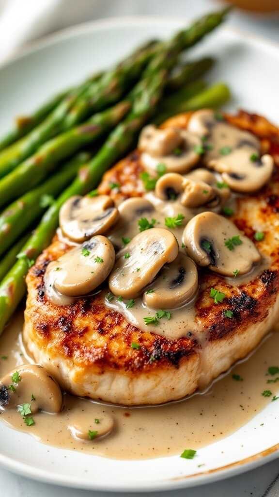 Pork chops served with mushroom sauce and asparagus on a plate