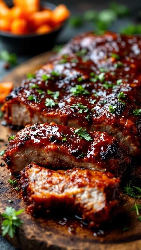 Deliciously glazed pork ribs garnished with fresh herbs