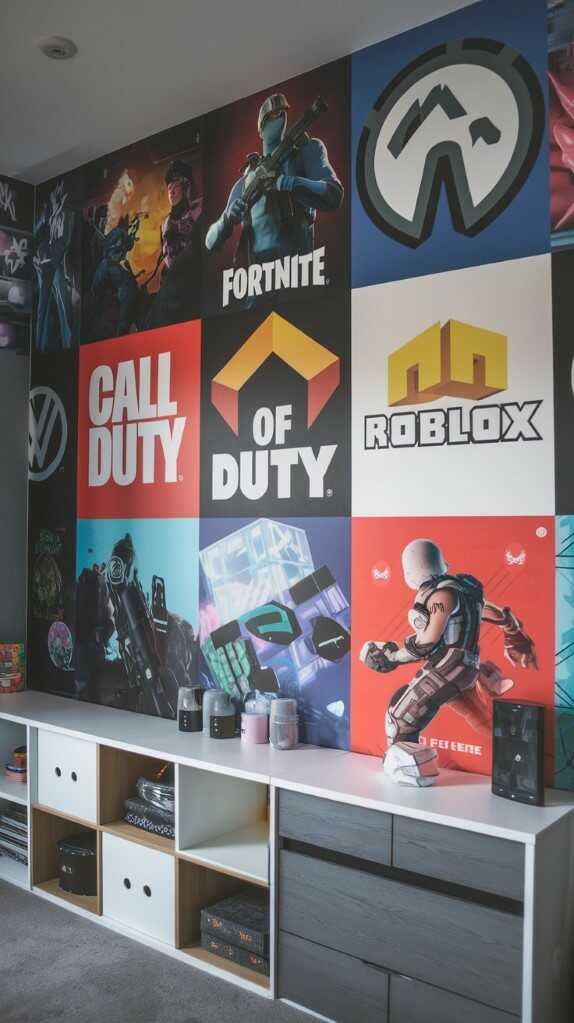 A colorful gaming-themed bedroom featuring posters and murals of popular video games on the walls, with a cozy bed and plush toys.