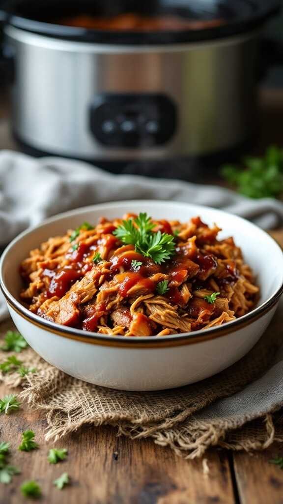 An appetizing bowl of pulled pork with barbecue sauce garnished with parsley.