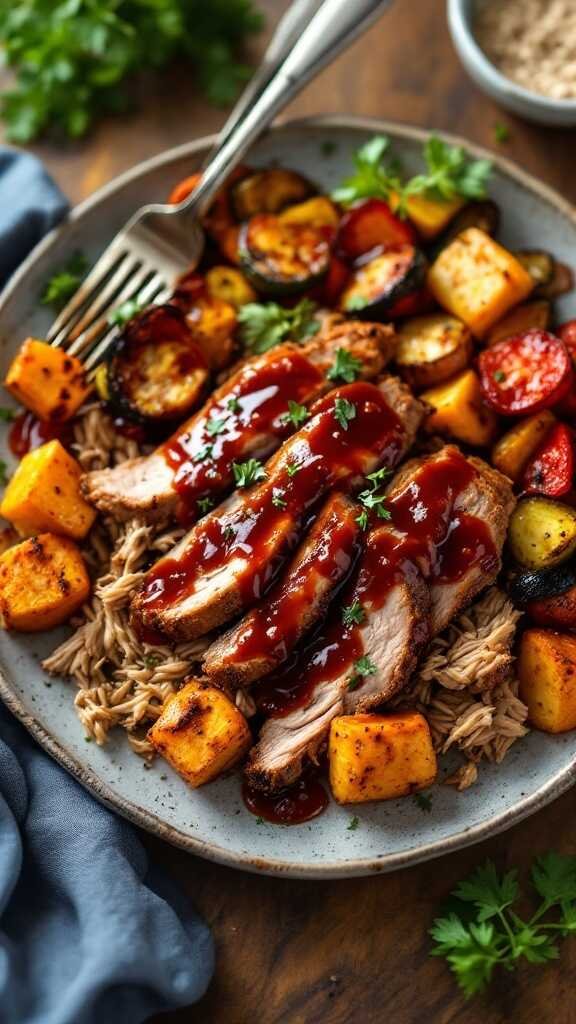 Plate of pulled pork served with low carb BBQ sauce and vegetables