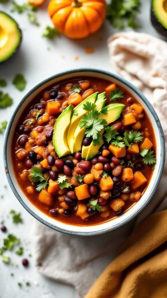 A bowl of pumpkin and black bean chili topped with avocado slices and cilantro.