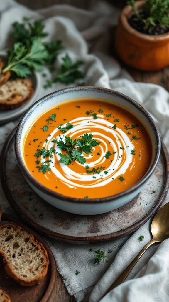 Bowl of pumpkin and carrot soup garnished with parsley and cream