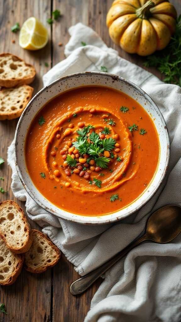 Bowl of spicy black bean soup garnished with cilantro, surrounded by fresh vegetables.