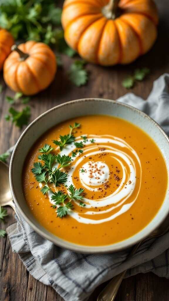 A bowl of creamy pumpkin ginger soup garnished with herbs