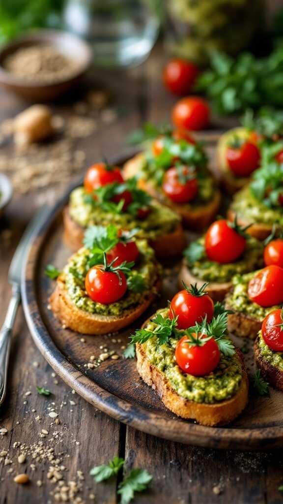 Pumpkin Seed Pesto Crostini topped with cherry tomatoes and fresh herbs.