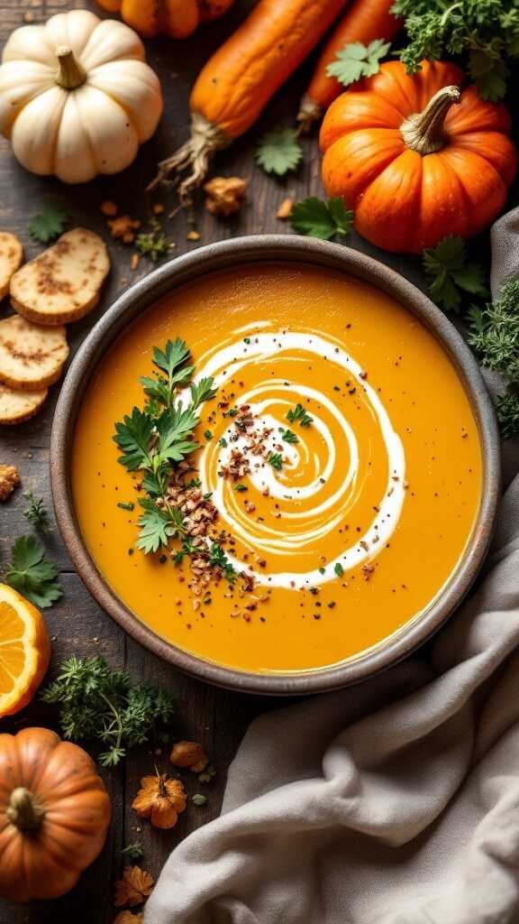 A bowl of creamy pumpkin soup garnished with parsley and a swirl of cream.