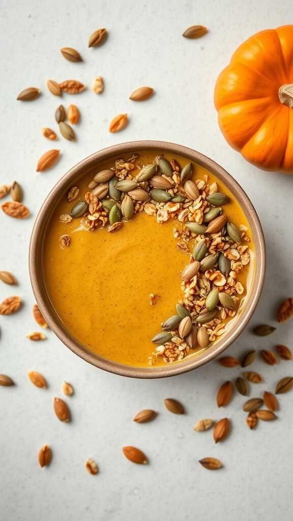 A delicious pumpkin spice smoothie bowl topped with seeds and granola.