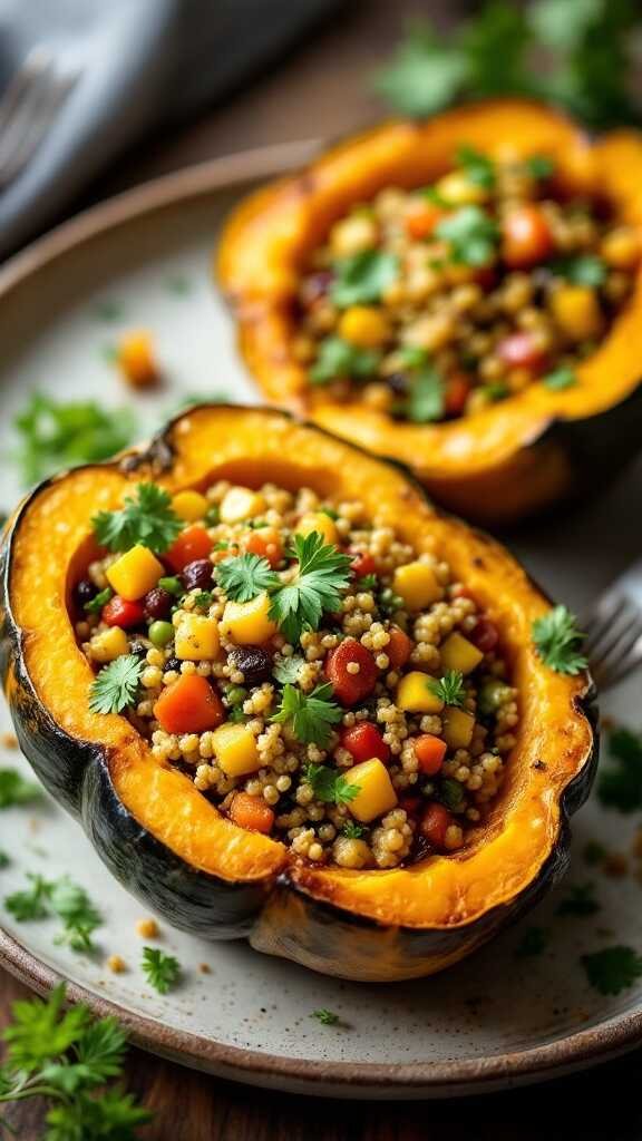 A vibrant dish of quinoa-stuffed acorn squash with colorful vegetables