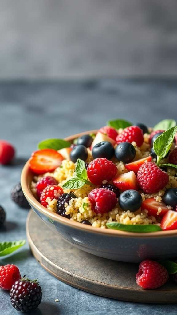 A bowl of quinoa and berry breakfast salad with fresh fruits and mint leaves.