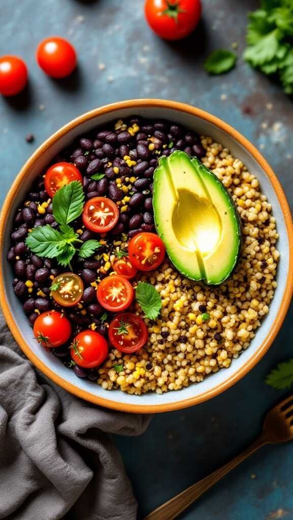 A nutritious quinoa and black bean bowl with fresh vegetables