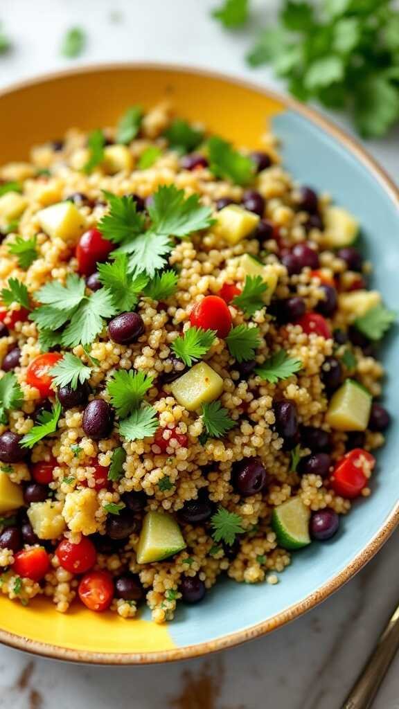 A colorful bowl of quinoa and black bean salad garnished with fresh cilantro.