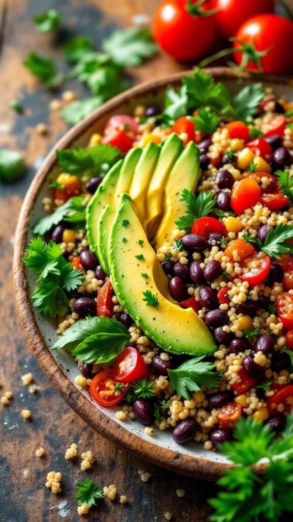 A colorful quinoa and black bean salad with avocado slices on top, garnished with fresh herbs.