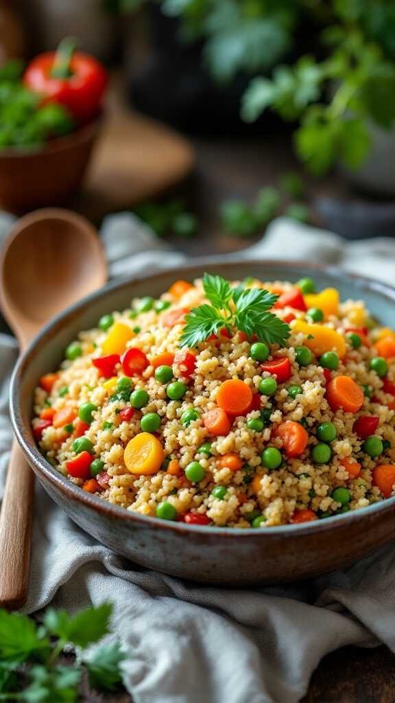 A colorful bowl of quinoa pilaf with assorted vegetables.