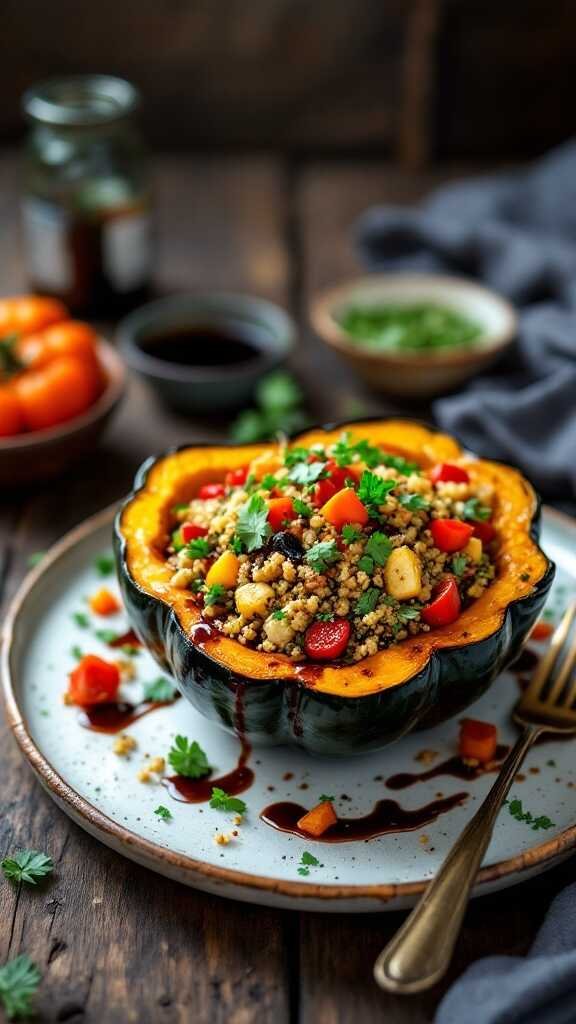 Quinoa stuffed acorn squash on a plate