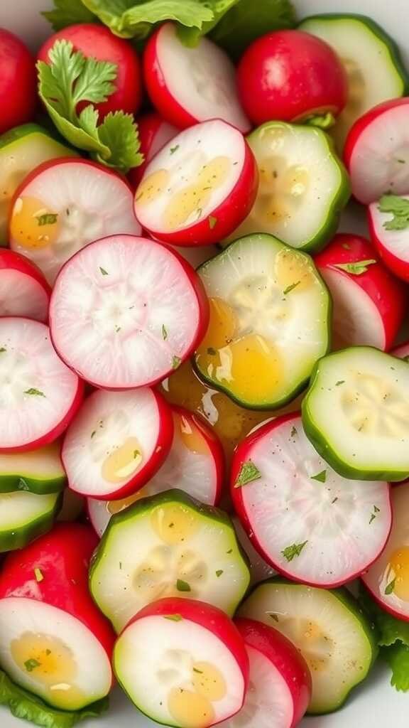 A vibrant radish and cucumber salad with fresh herbs and dressing.