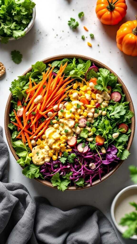 A vibrant Rainbow Salad with colorful vegetables and tahini dressing