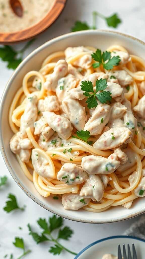 A delicious bowl of ranch chicken pasta topped with parsley.