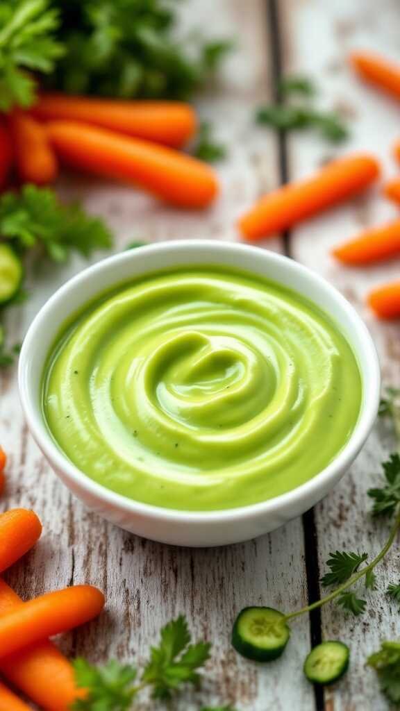 A creamy green ranch dressing in a white bowl surrounded by fresh vegetables.