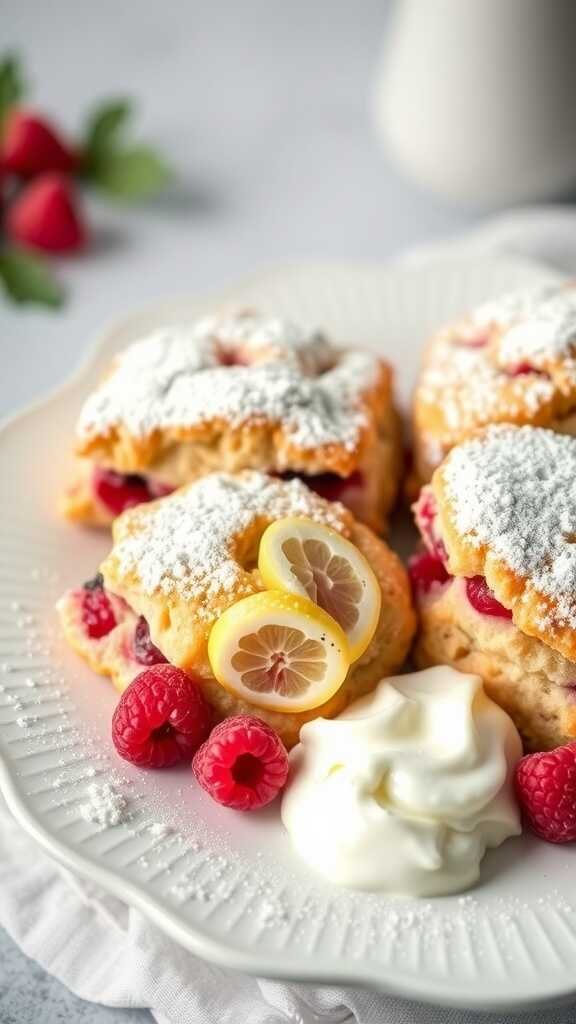 Delicious raspberry and lemon scones served with a dollop of cream and fresh raspberries