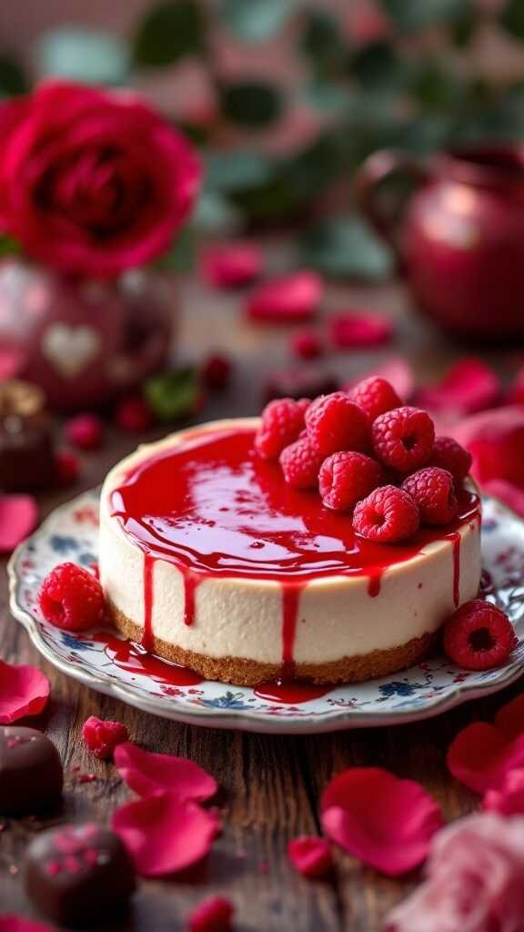 A delicious raspberry cheesecake topped with fresh raspberries and raspberry sauce, perfect for Valentine's Day.