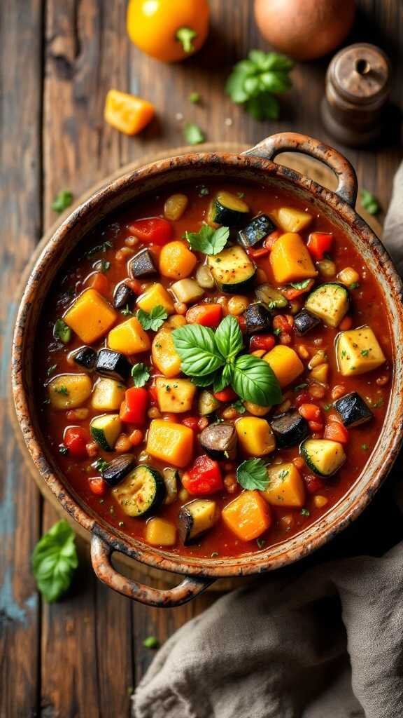 A bowl of colorful Ratatouille Soup filled with various vegetables.