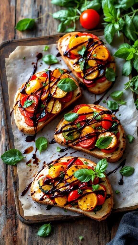 Delicious ratatouille tartines topped with roasted vegetables and fresh basil