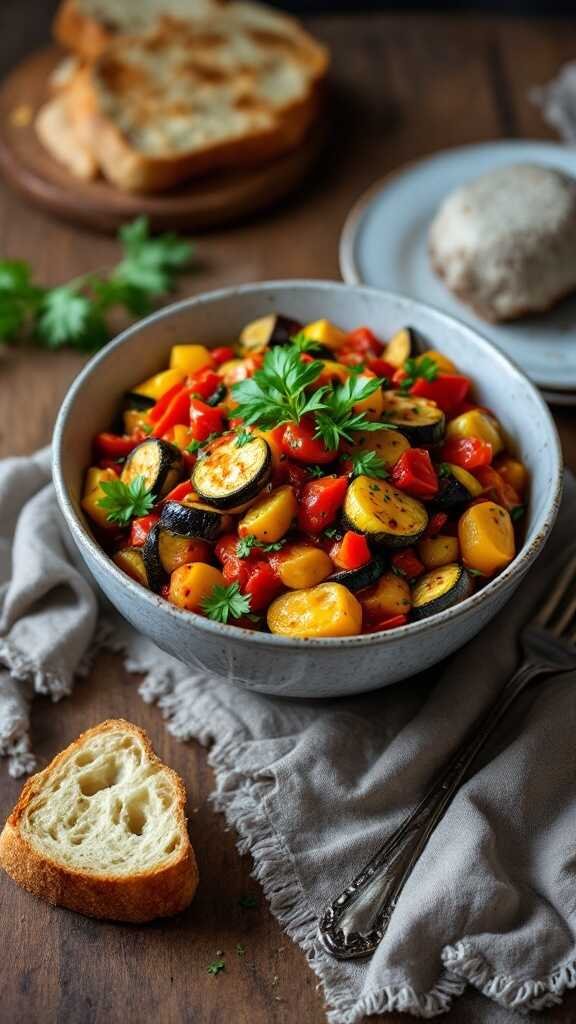 A bowl of ratatouille with colorful vegetables, garnished with parsley, next to crusty bread.