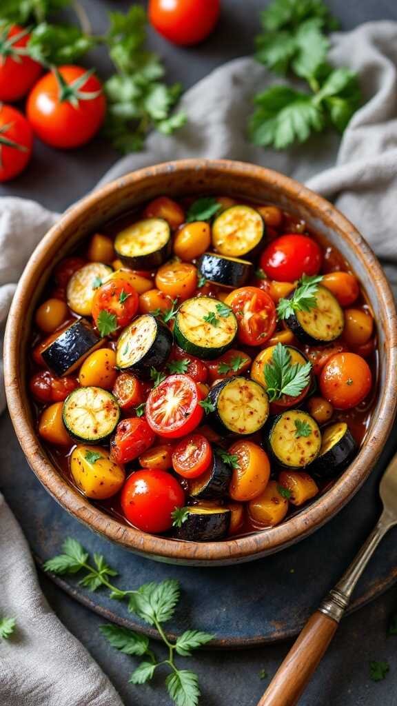 A bowl of colorful ratatouille with zucchini, featuring sliced zucchini, diced eggplant, and halved cherry tomatoes, garnished with parsley.