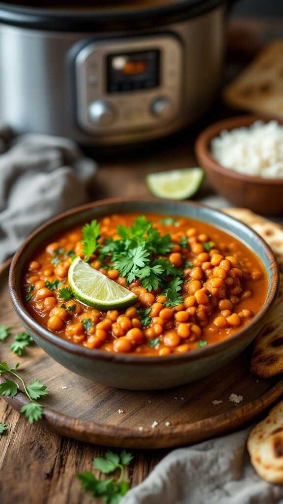 A bowl of red lentil dal garnished with cilantro and lime slices, served with rice.