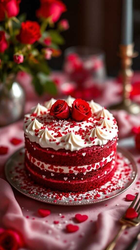 A beautifully decorated red velvet cake with white frosting and heart-shaped sprinkles, perfect for Valentine's Day.