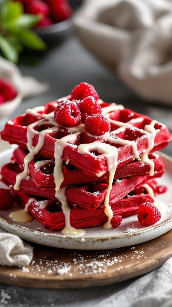 Delicious red velvet waffles topped with a cream cheese drizzle and fresh raspberries.