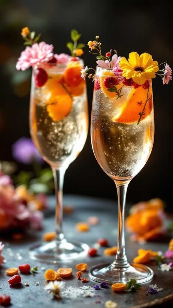 Two sparkling wine cocktails garnished with fruits and edible flowers